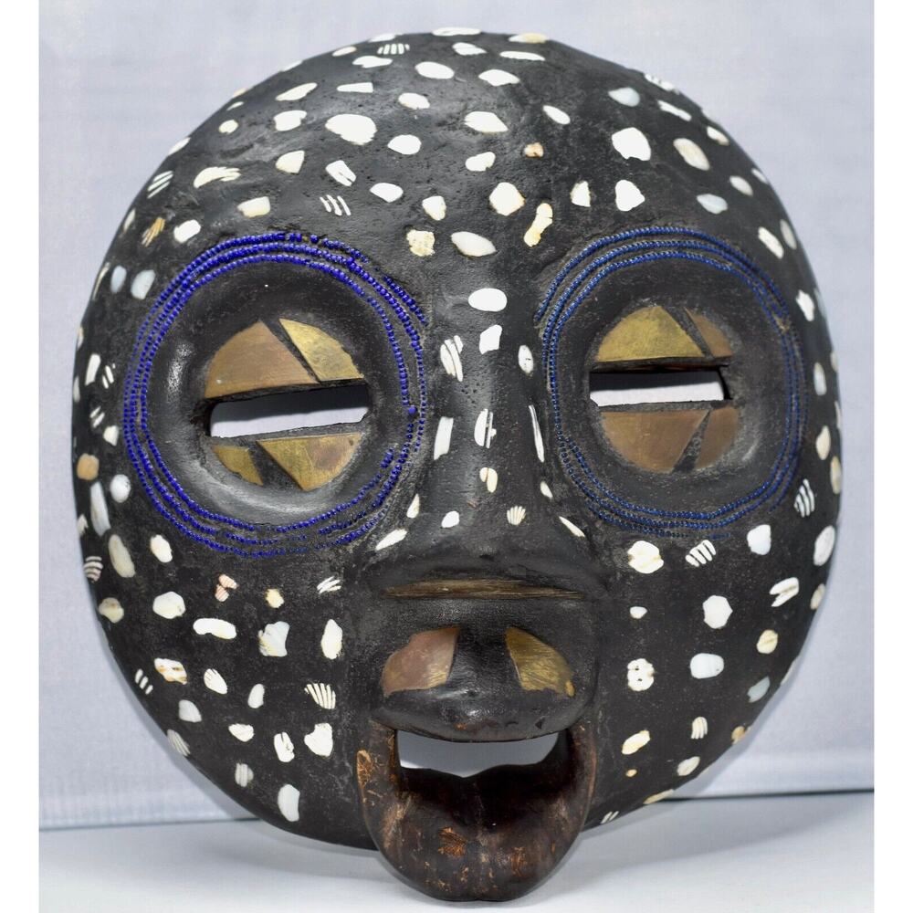 African Baluba Wood Brass Beaded Mask Luba Handmade Ceremonial Bantu Art - Picture 4 of 13